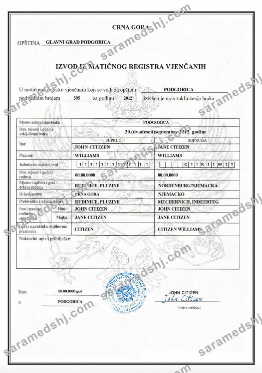 MONTENEGRO (Crna Gora) marriage certificate